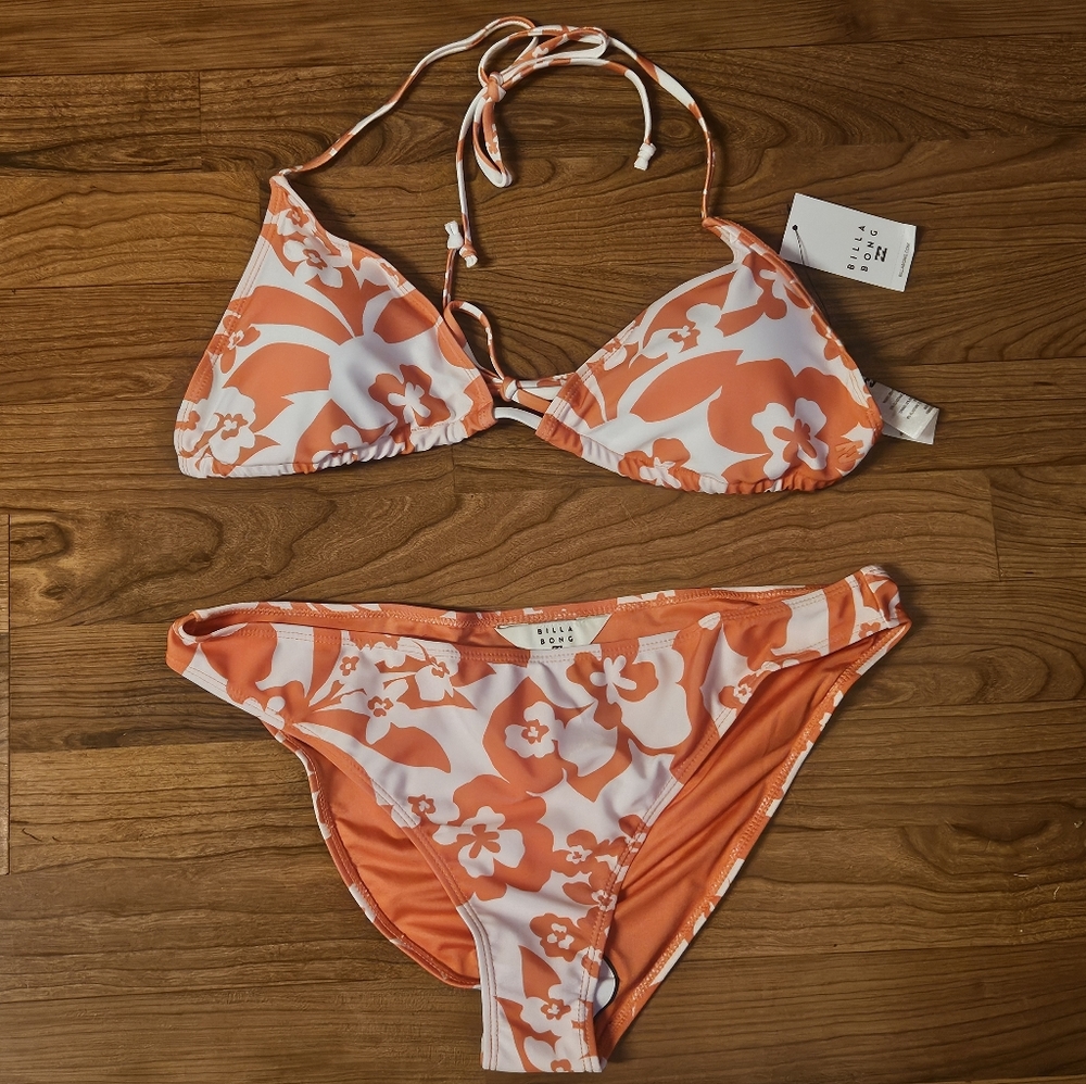 Billabong Beach Babe Triangle Bikini Set Hibiscus Orange White NEW Swimsuit XL